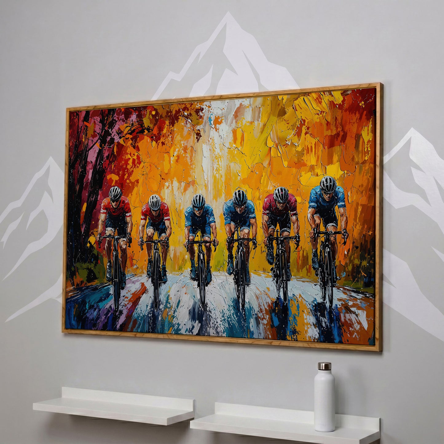 Cyclists Racing Modern Impressionism Canvas in white oak floating frame