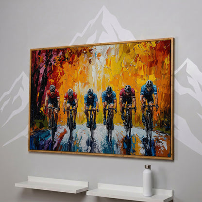 Cyclists Racing Modern Impressionism Canvas in white oak floating frame