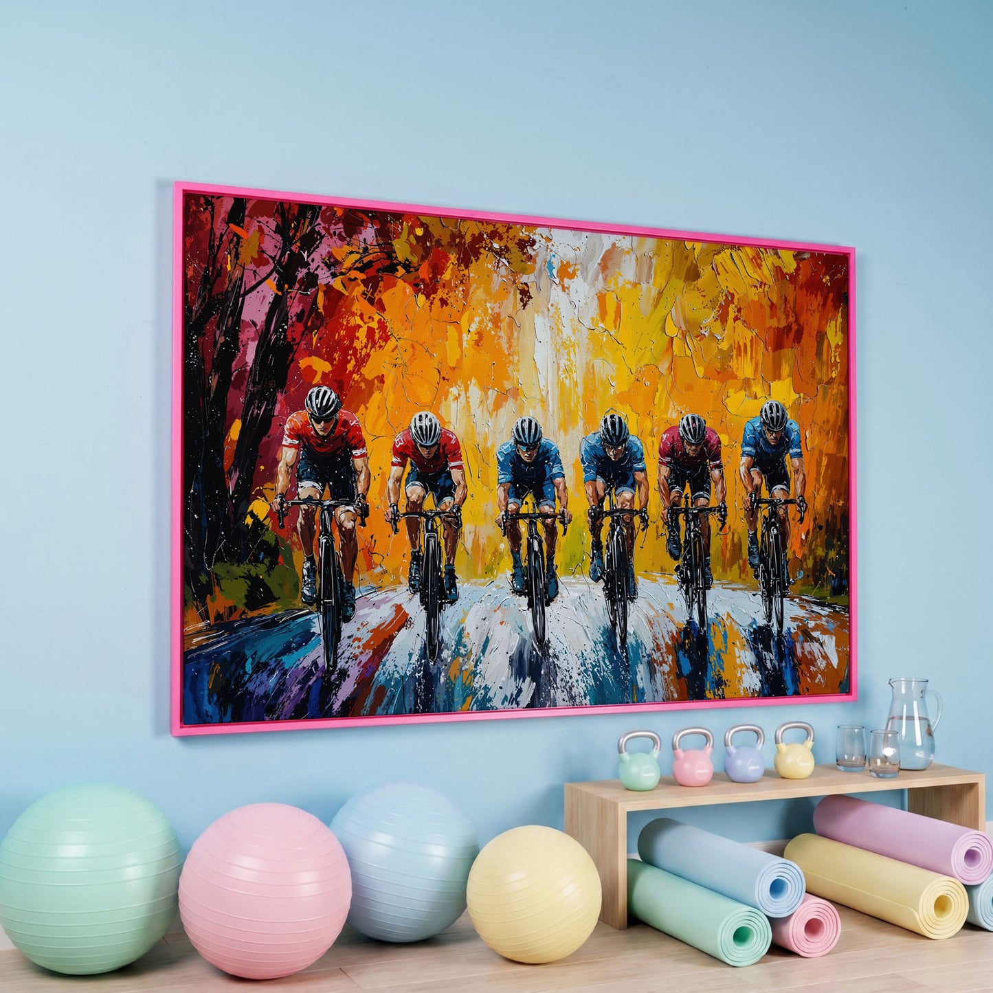 Cyclists Racing Modern Impressionism Canvas in pink floating frame