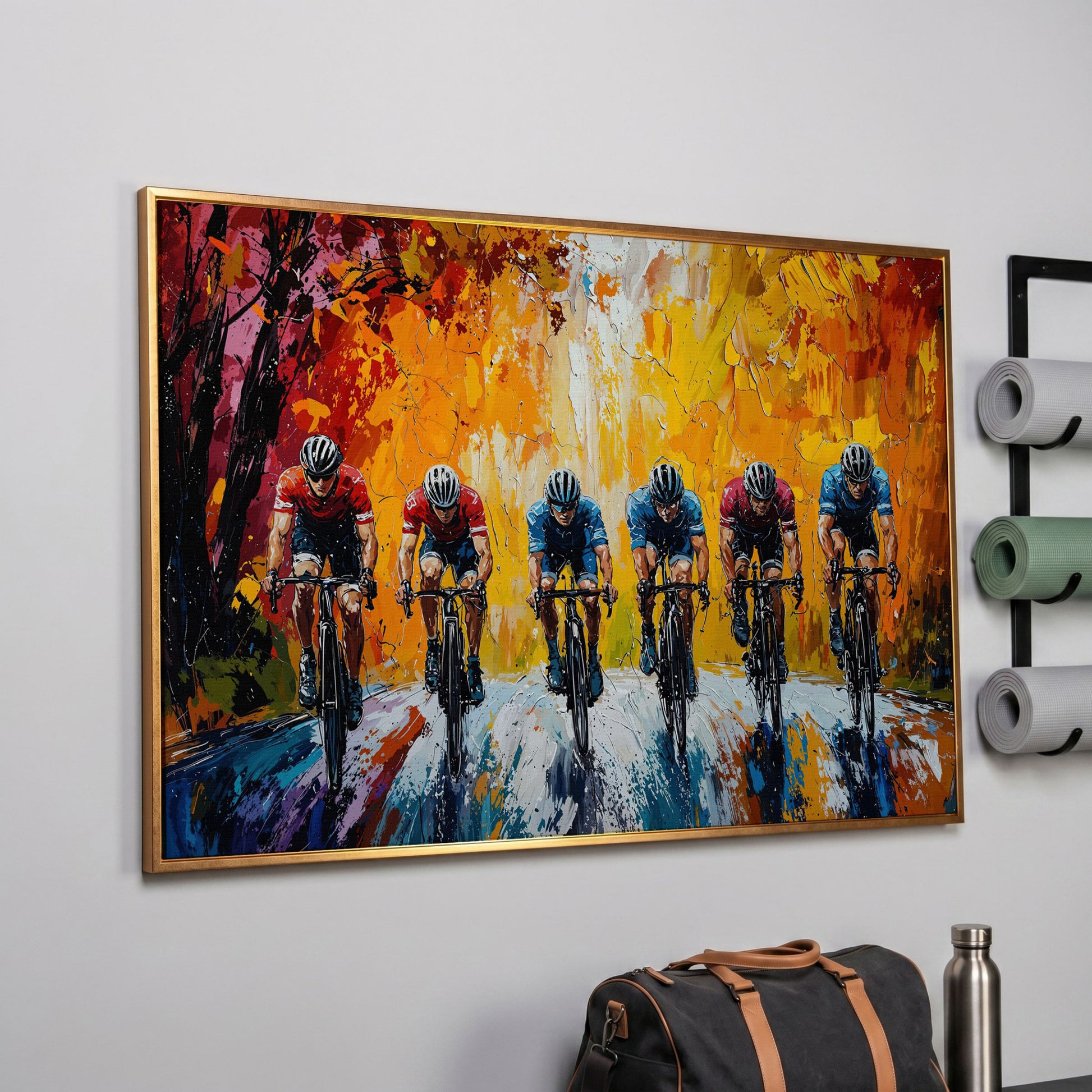 Cyclists Racing Modern Impressionism Canvas in rose gold floating frame