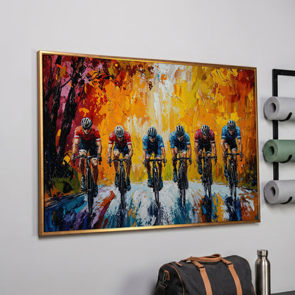Cyclists Racing Modern Impressionism Canvas in rose gold floating frame