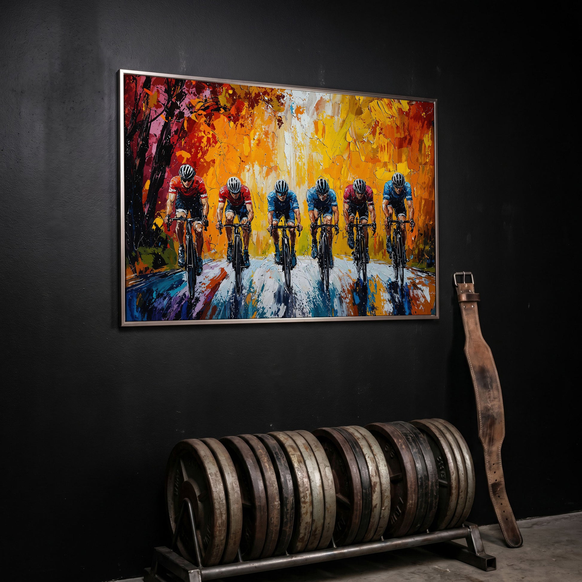 Cyclists Racing Modern Impressionism Canvas in silver floating frame