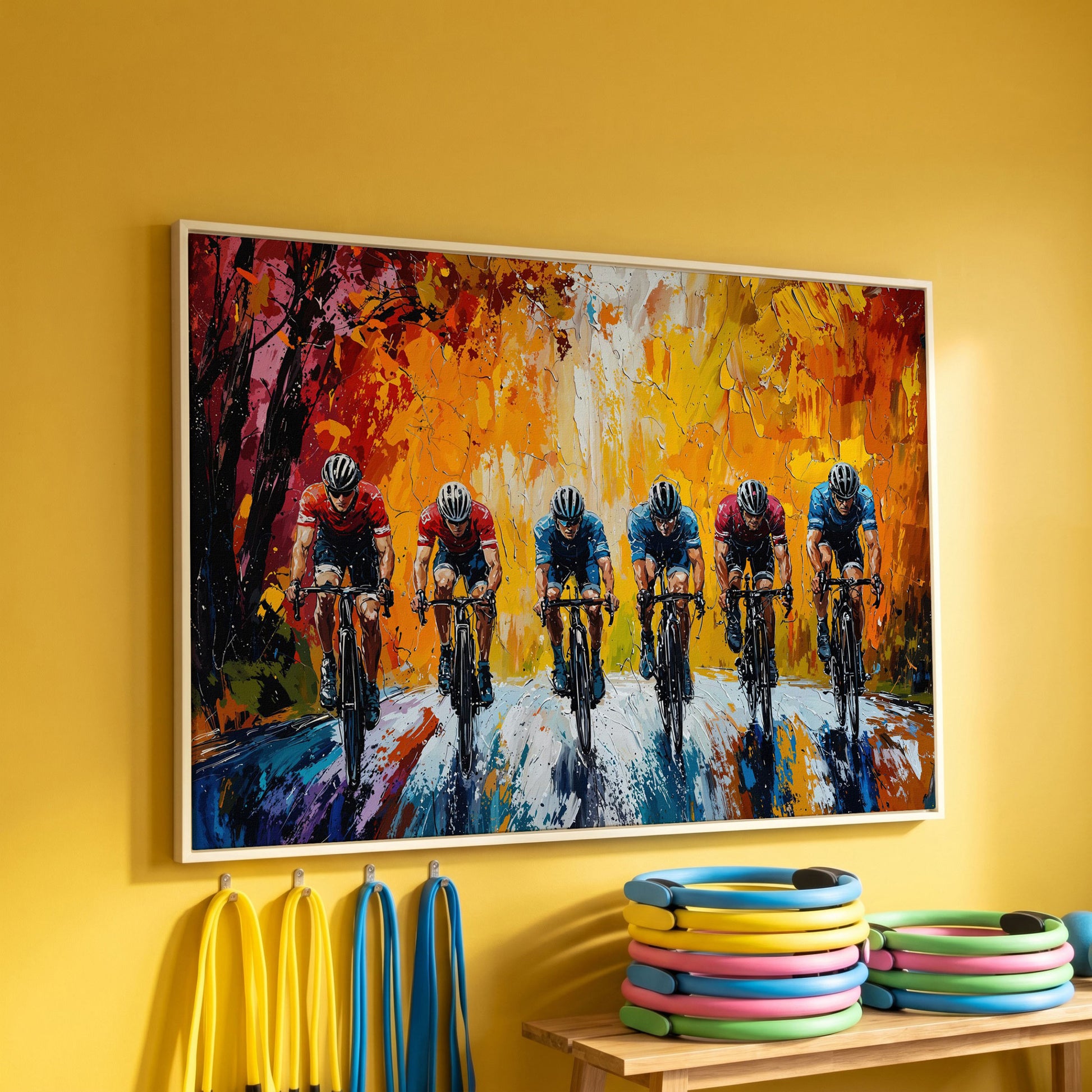 Cyclists Racing Modern Impressionism Canvas in white floating frame