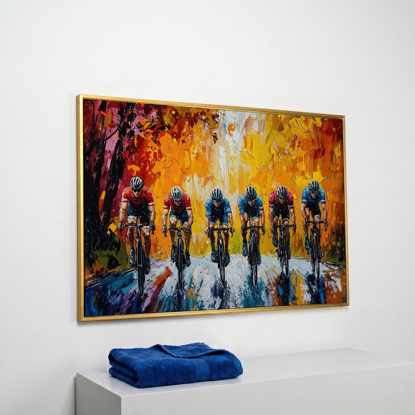 Cyclists Racing Modern Impressionism Canvas in yellow gold floating frame