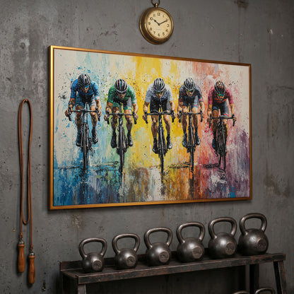 Vibrant Cycling Race Canvas in antique gold floating frame