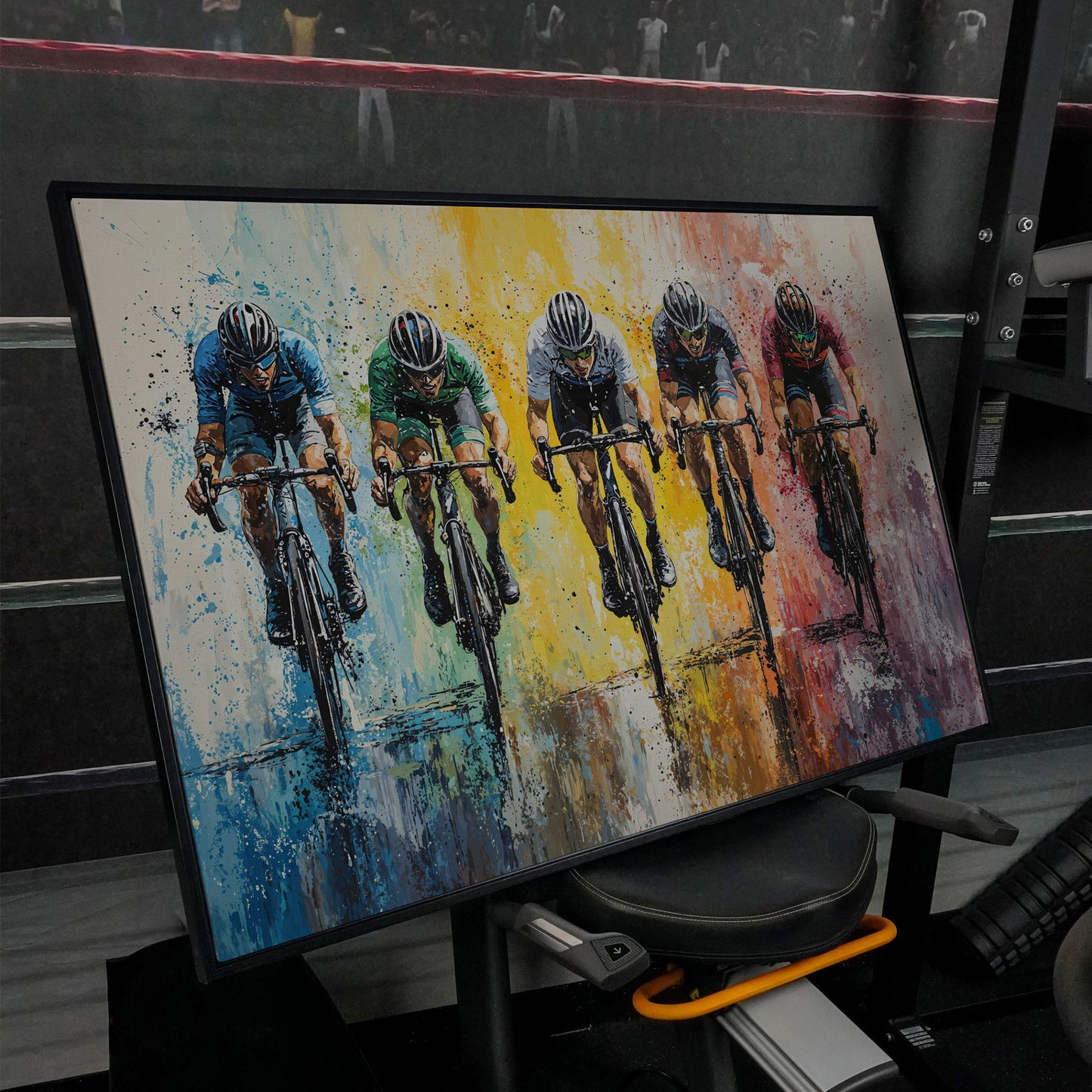 Vibrant Cycling Race Canvas in black floating frame