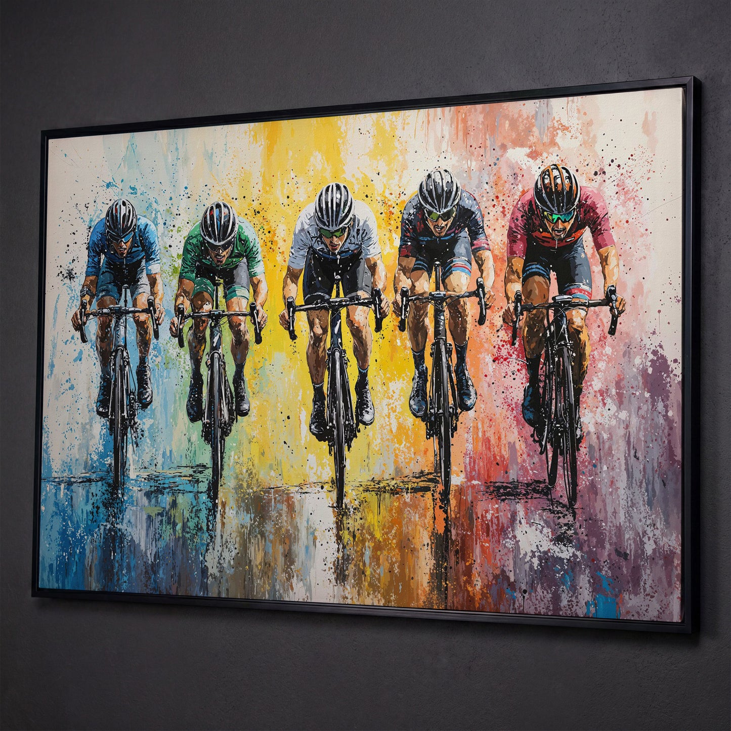 Vibrant Cycling Race Canvas shown in black floating frame