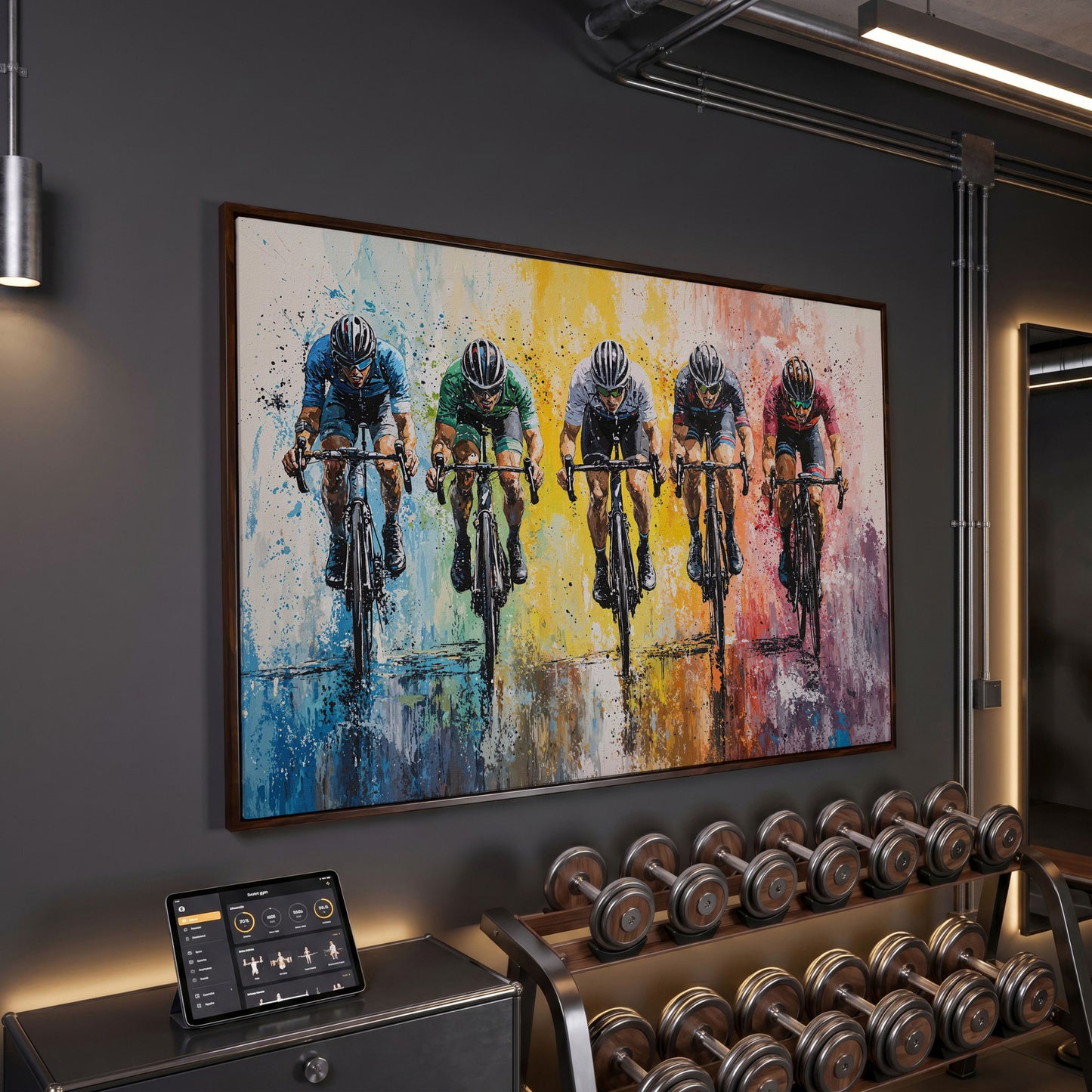 Vibrant Cycling Race Canvas in dark walnut floating frame