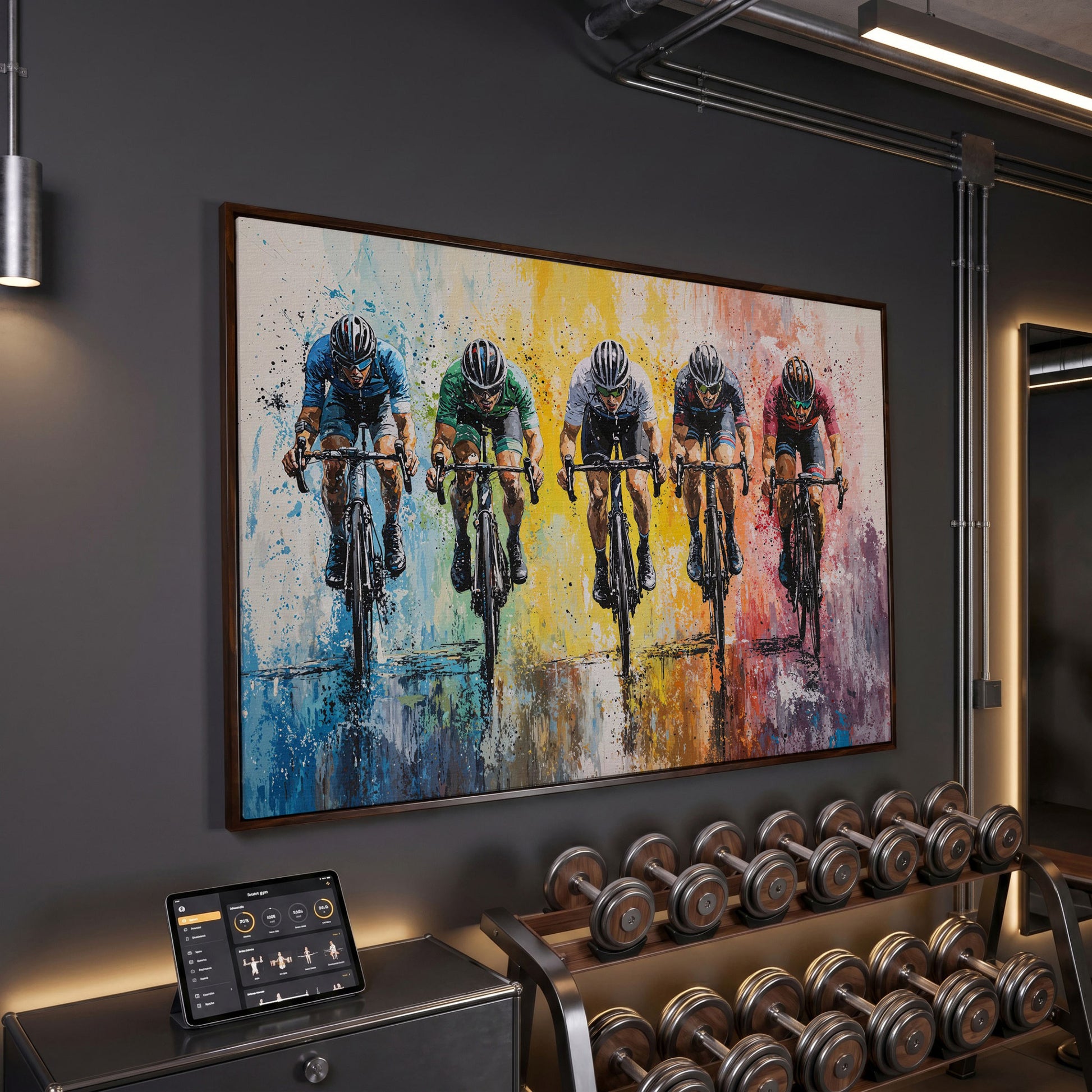 Vibrant Cycling Race Canvas in dark walnut floating frame