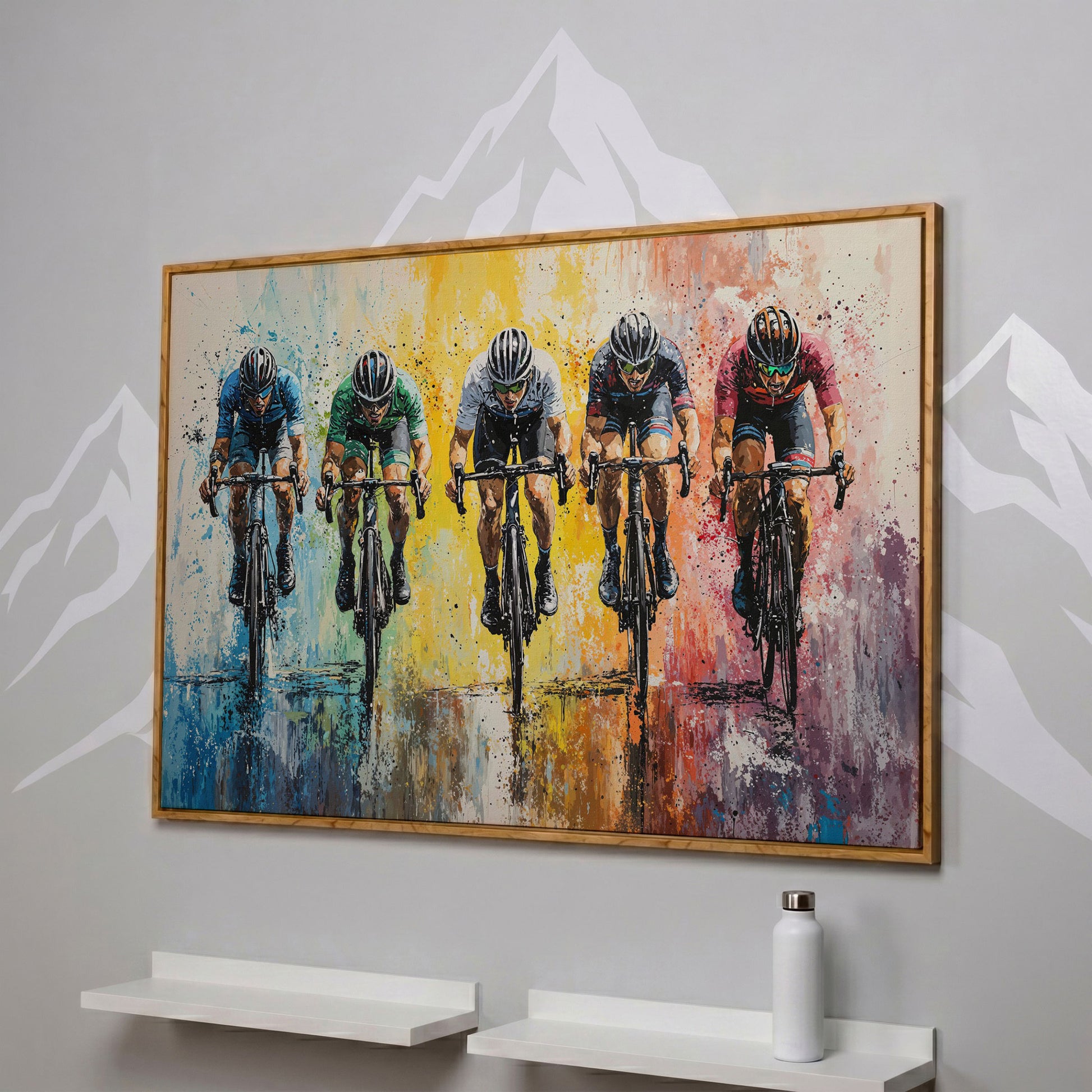 Vibrant Cycling Race Canvas in white oak floating frame