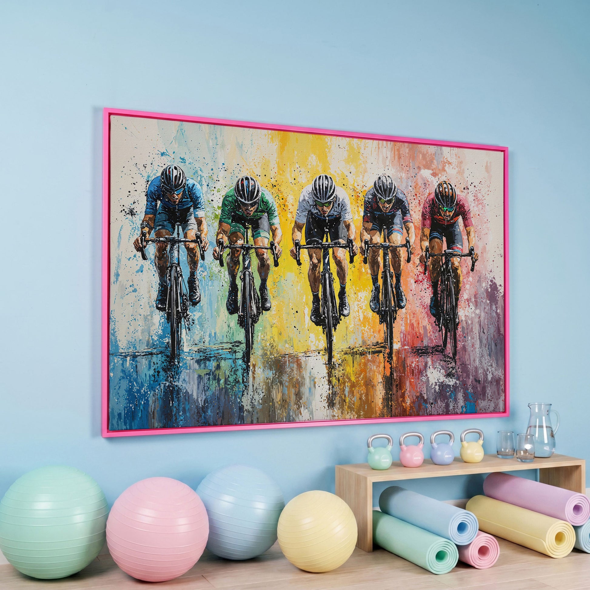 Vibrant Cycling Race Canvas in pink floating frame