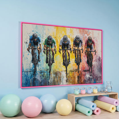 Vibrant Cycling Race Canvas in pink floating frame