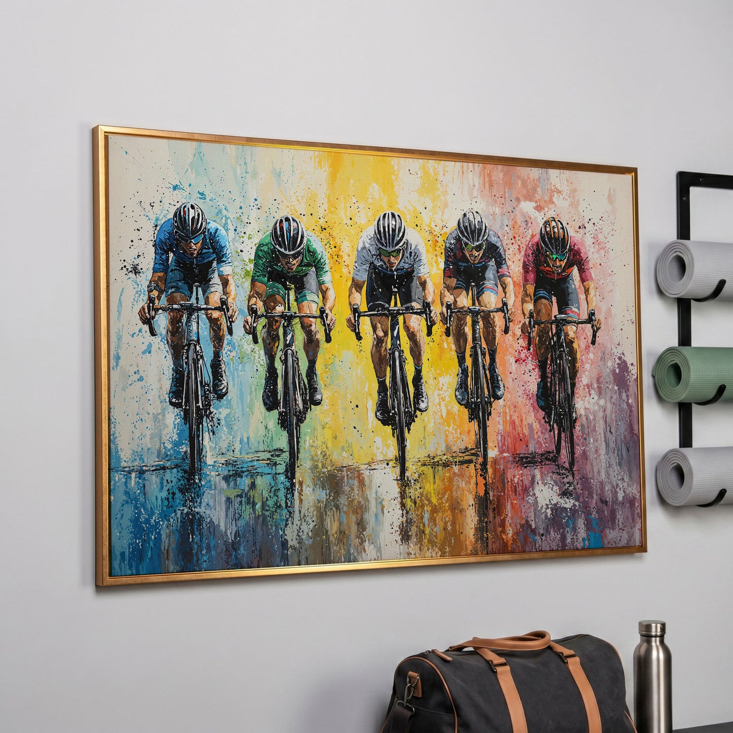 Vibrant Cycling Race Canvas in rose gold floating frame
