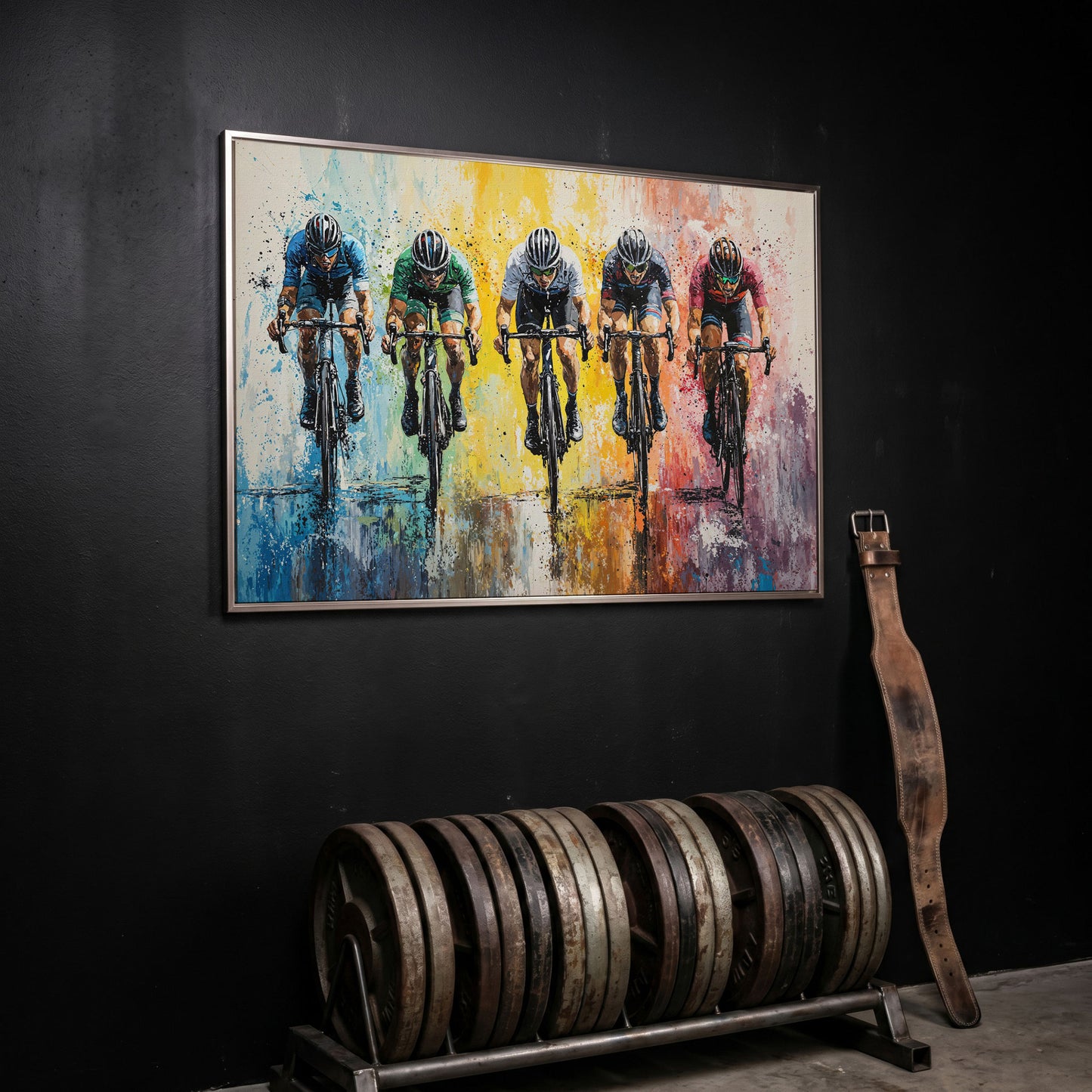 Vibrant Cycling Race Canvas in silver floating frame