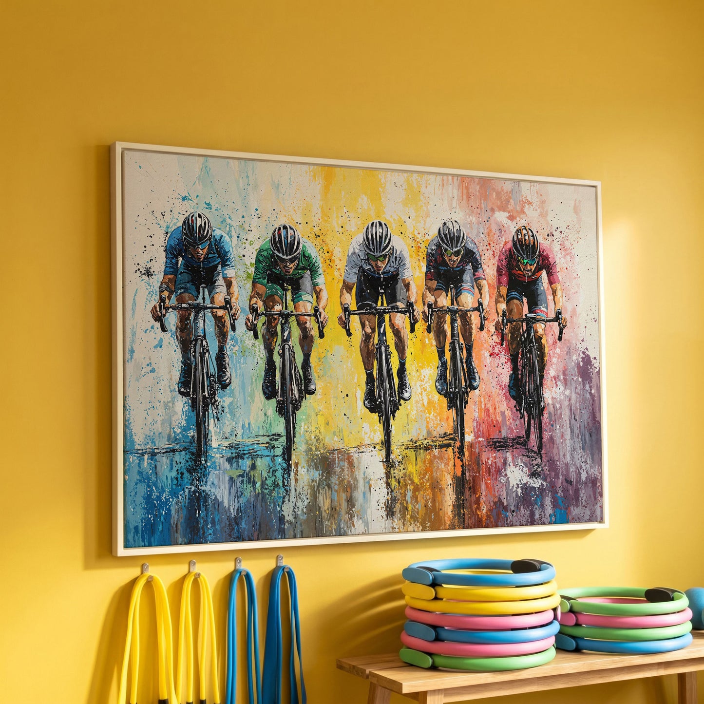 Vibrant Cycling Race Canvas in white floating frame