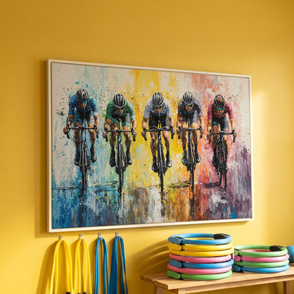 Vibrant Cycling Race Canvas in white floating frame