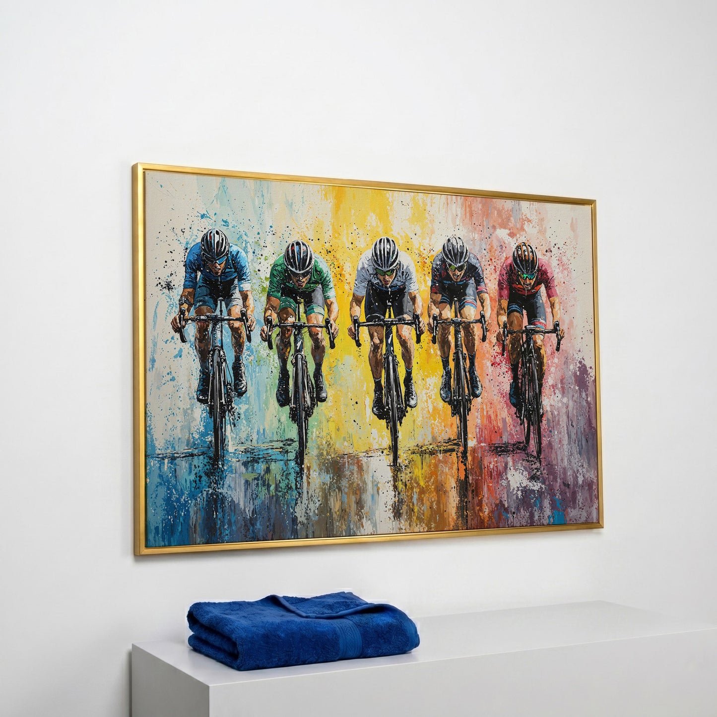 Vibrant Cycling Race Canvas in yellow gold floating frame