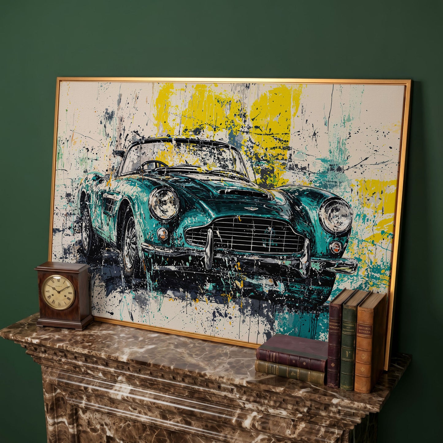 Classic Car with Teal & Yellow Splatter Canvas in antique gold floating frame