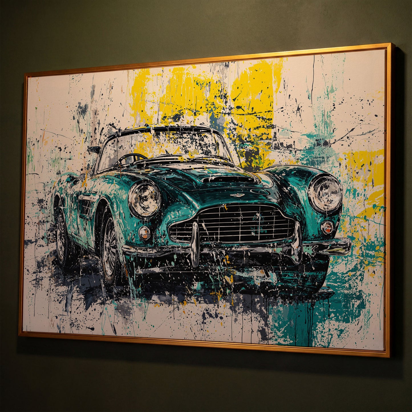 Classic Car with Teal & Yellow Splatter Canvas shown in antique gold floating frame