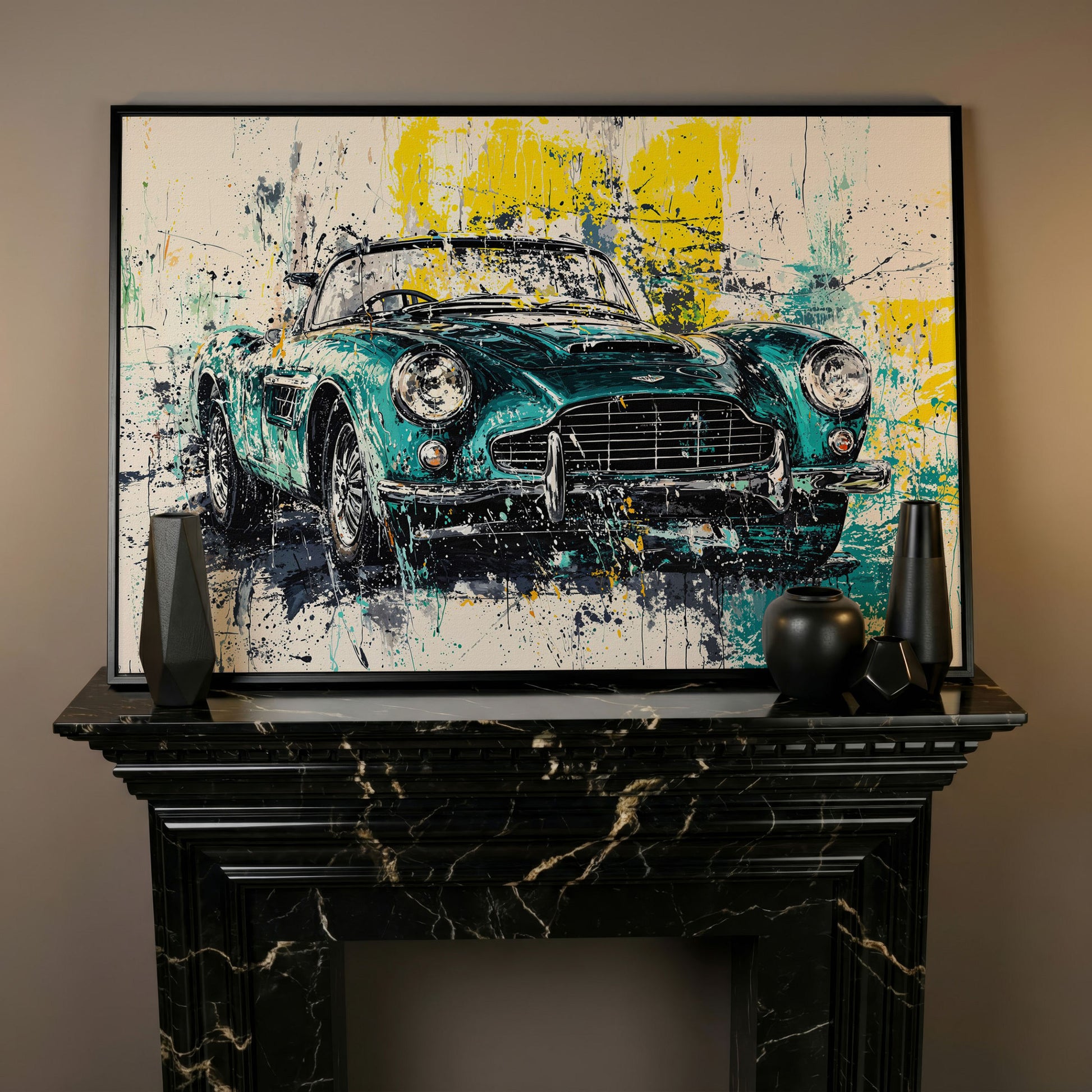Classic Car with Teal & Yellow Splatter Canvas in black floating frame
