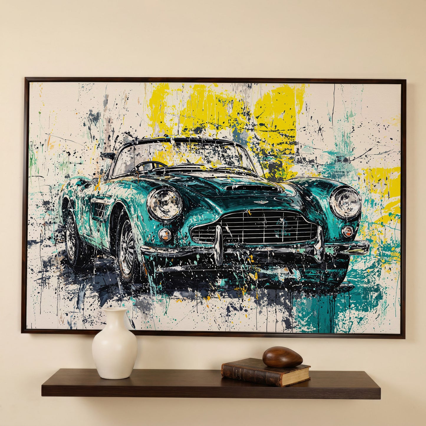Classic Car with Teal & Yellow Splatter Canvas in dark walnut floating frame