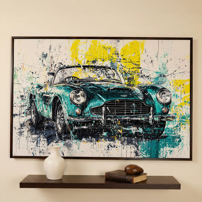 Classic Car with Teal & Yellow Splatter Canvas in dark walnut floating frame