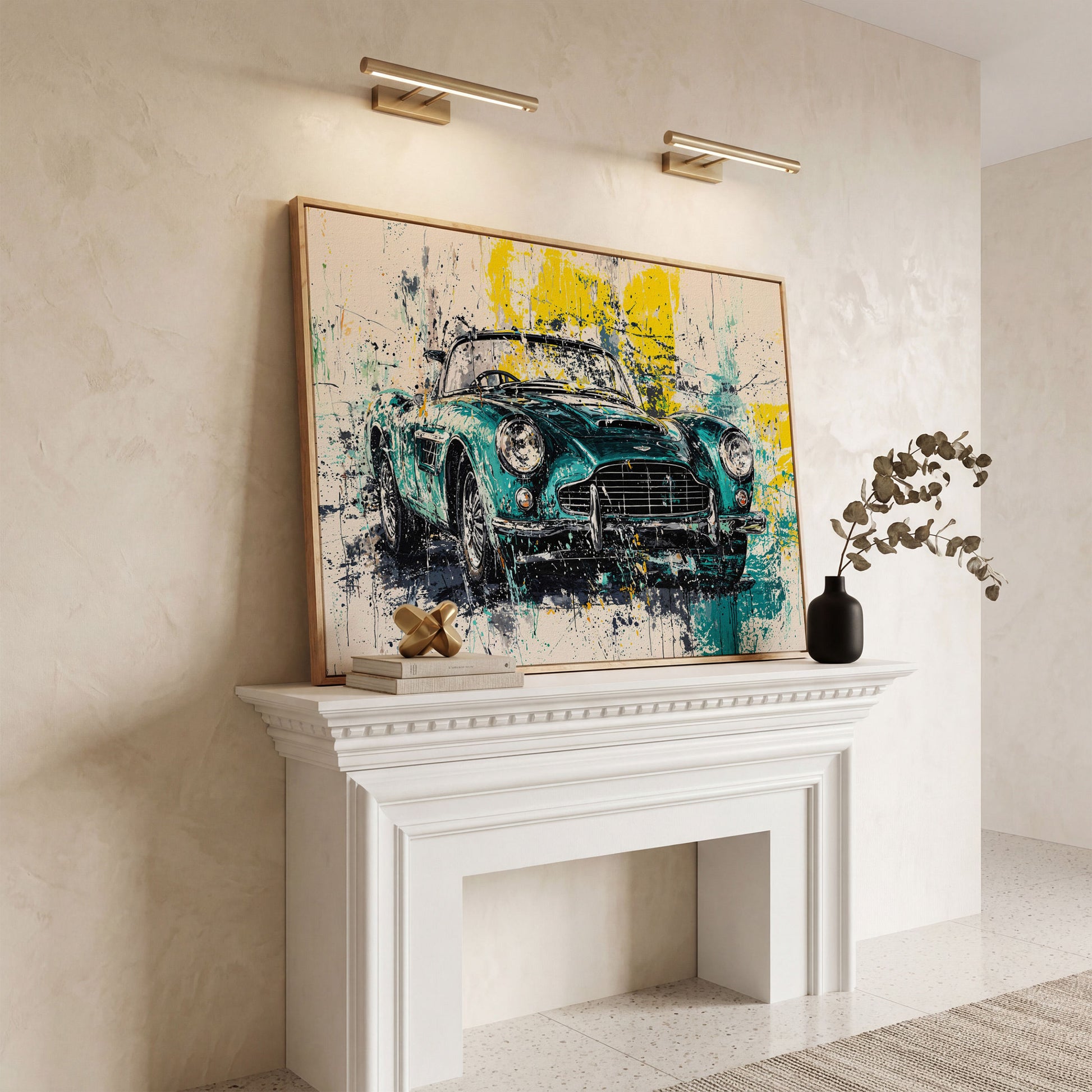 Classic Car with Teal & Yellow Splatter Canvas in white oak floating frame