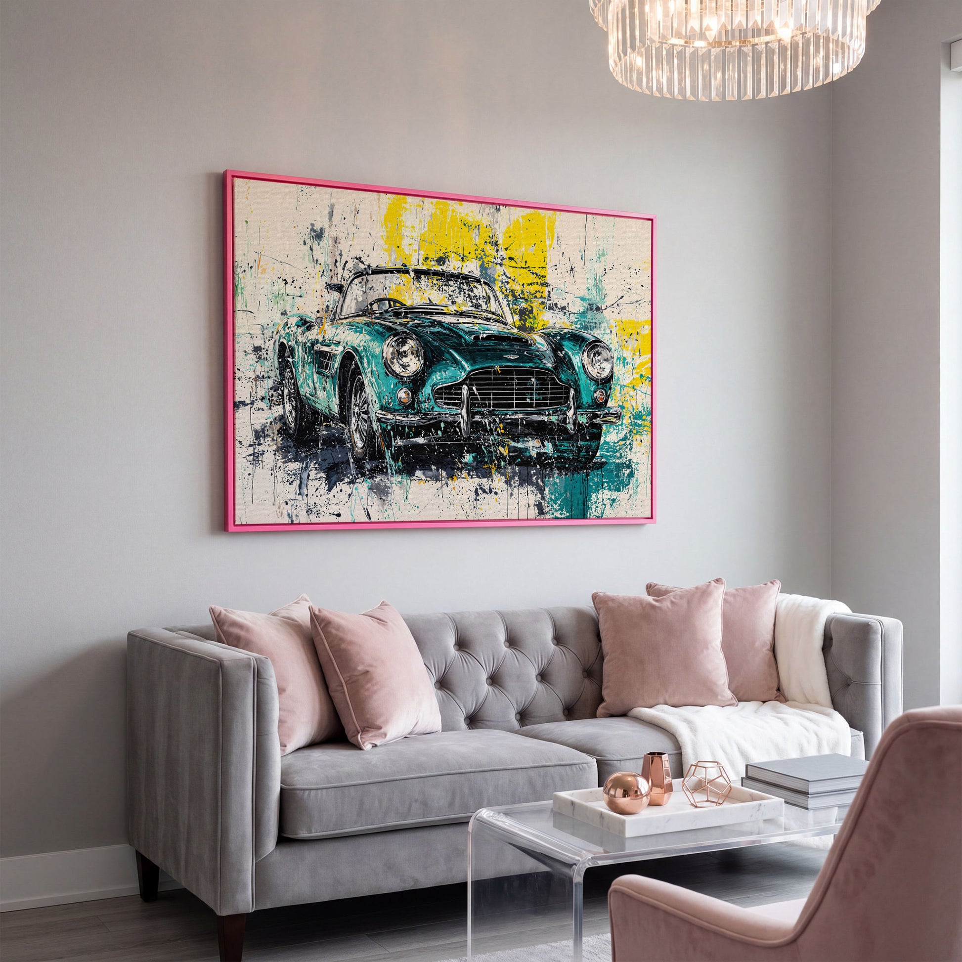 Classic Car with Teal & Yellow Splatter Canvas in pink floating frame
