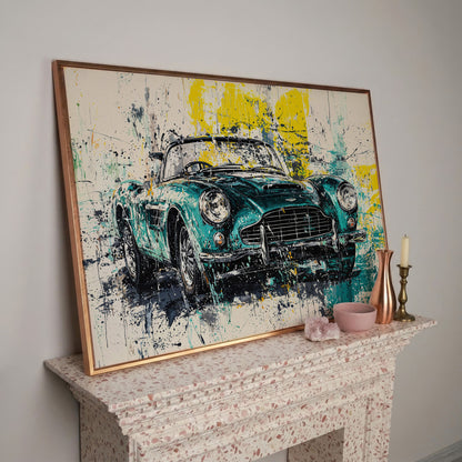 Classic Car with Teal & Yellow Splatter Canvas in rose gold floating frame