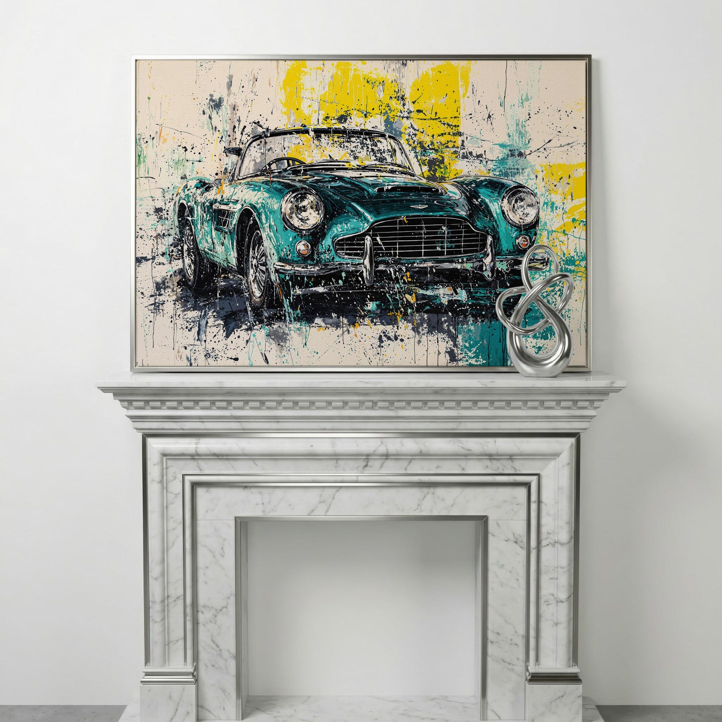 Classic Car with Teal & Yellow Splatter Canvas in silver floating frame