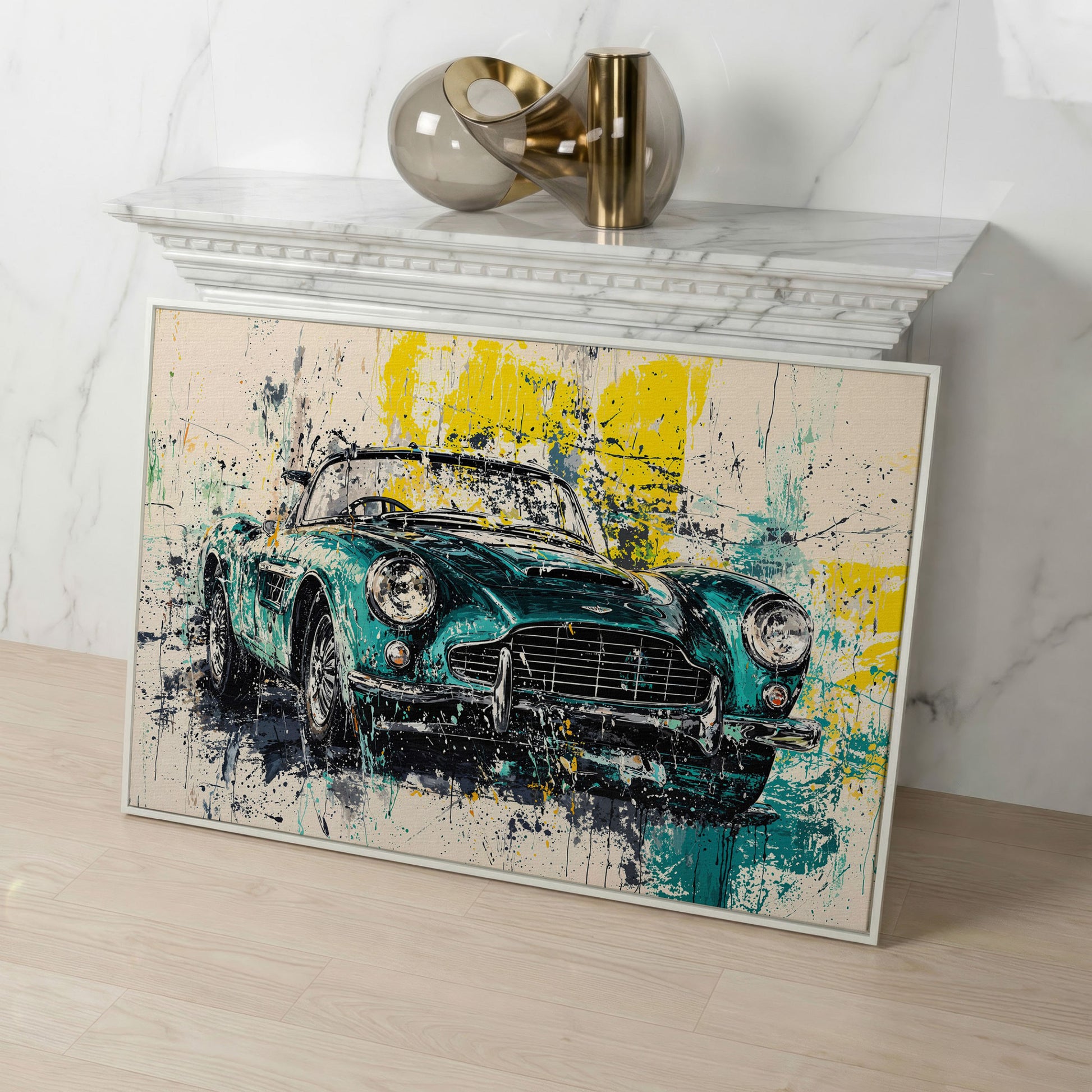 Classic Car with Teal & Yellow Splatter Canvas in white floating frame