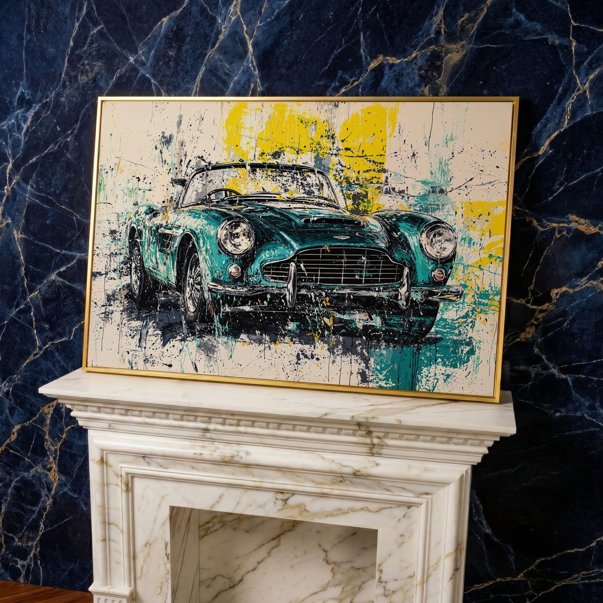 Classic Car with Teal & Yellow Splatter Canvas in yellow gold floating frame