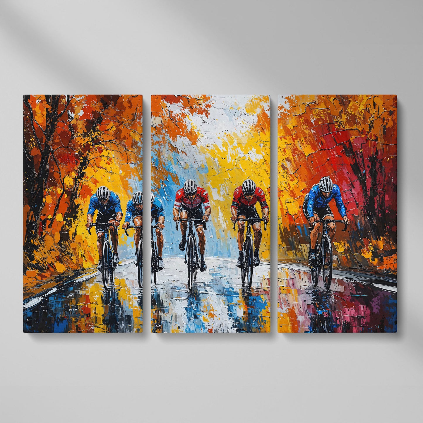 Autumn Cyclists Canvas Print with Vibrant Fall Palette as 3-panel split version