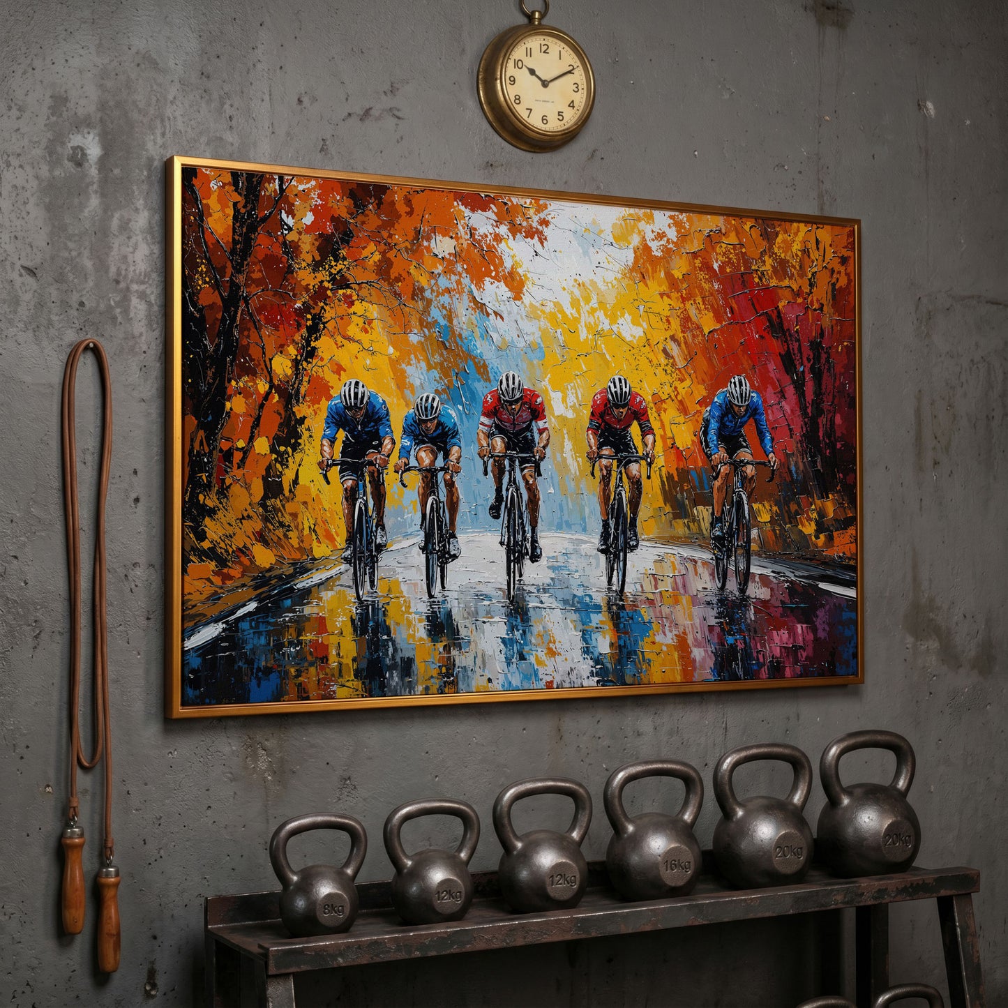 Autumn Cyclists Canvas Print with Vibrant Fall Palette in antique gold floating frame