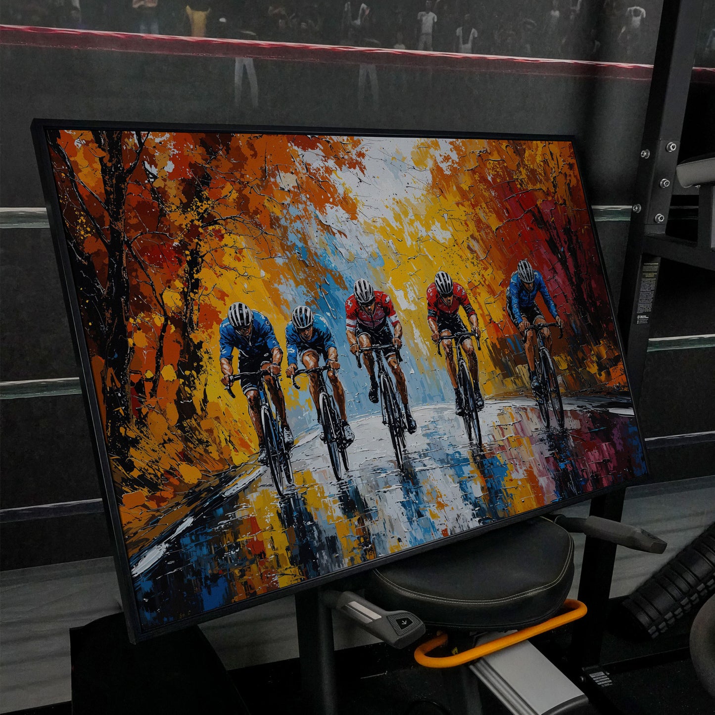 Autumn Cyclists Canvas Print with Vibrant Fall Palette in black floating frame