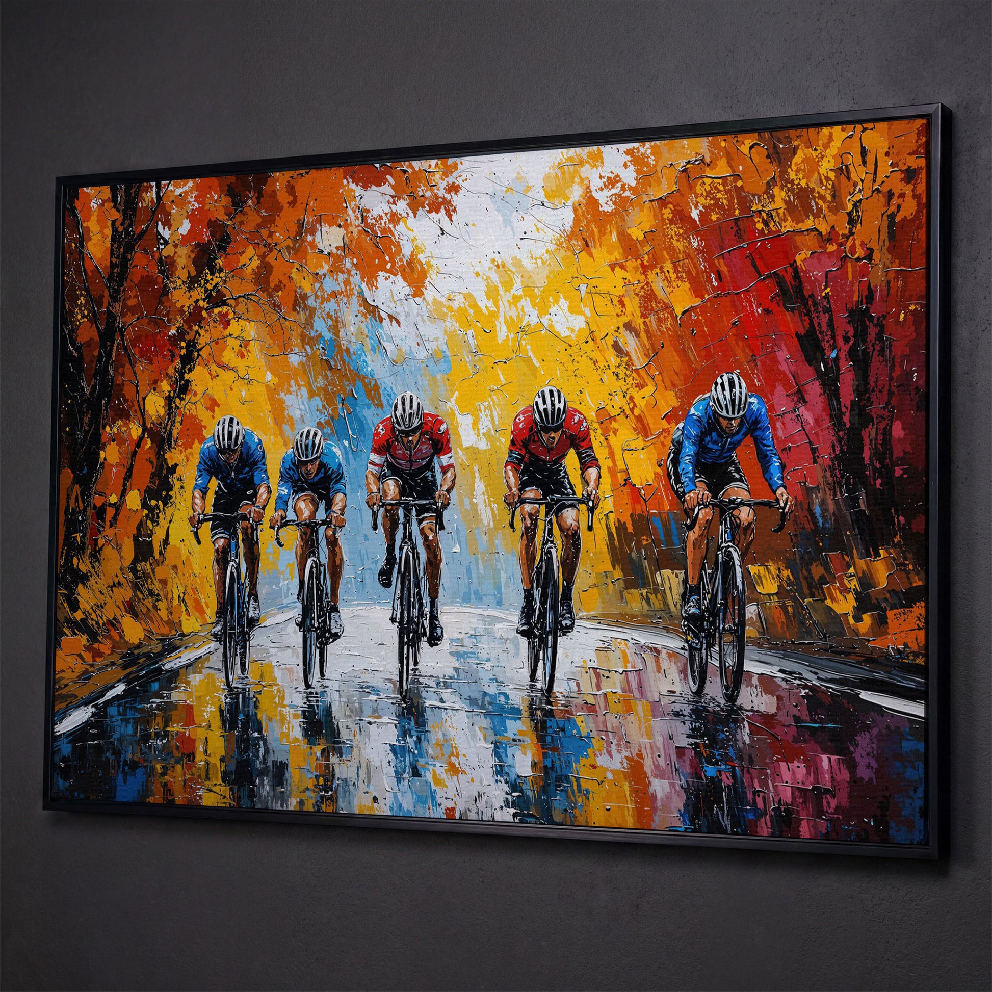 Autumn Cyclists Canvas Print with Vibrant Fall Palette shown in black floating frame