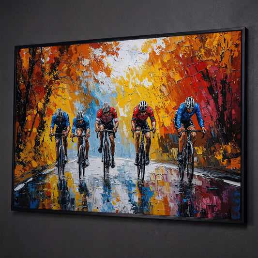 Autumn Cyclists Canvas Print with Vibrant Fall Palette shown in black floating frame
