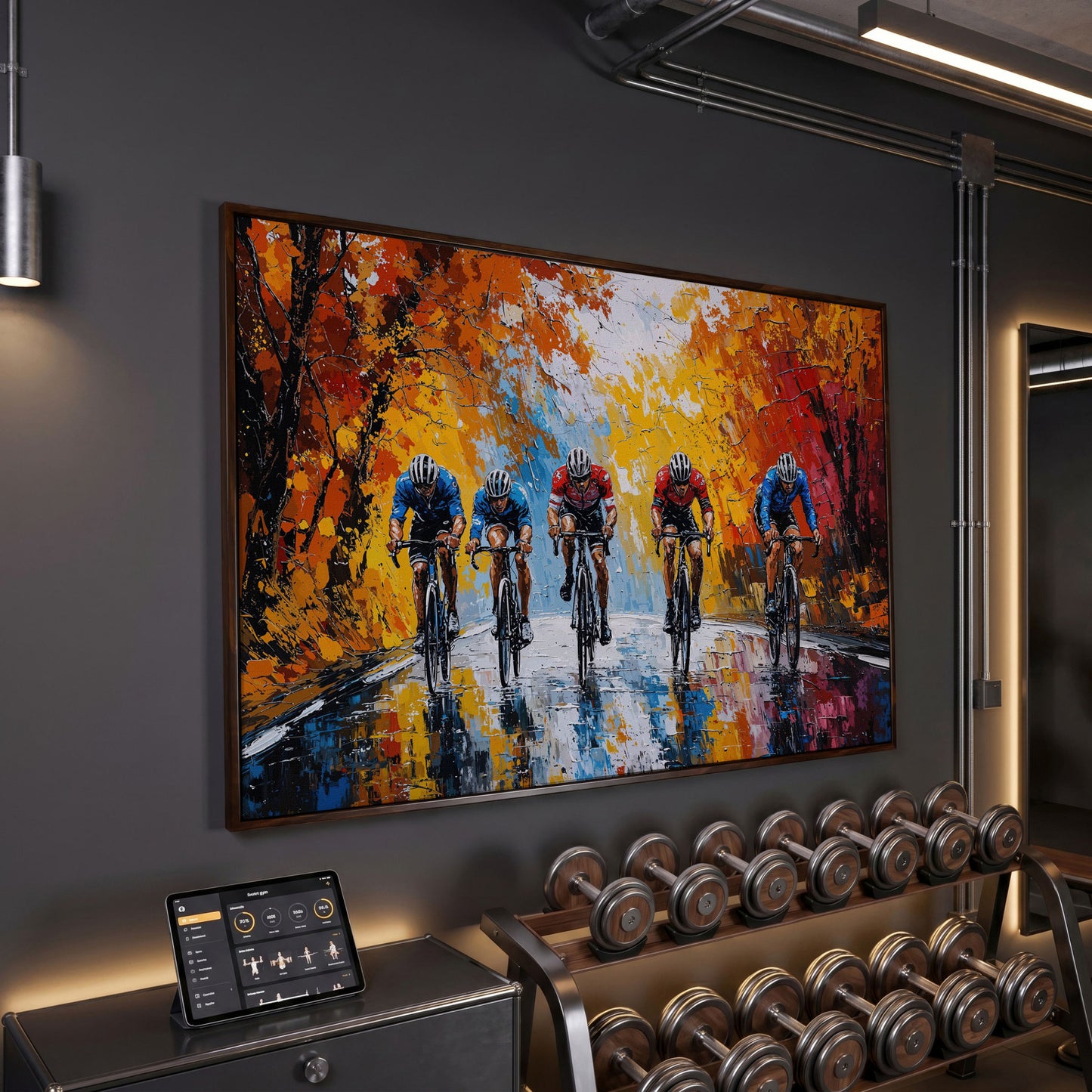 Autumn Cyclists Canvas Print with Vibrant Fall Palette in dark walnut floating frame