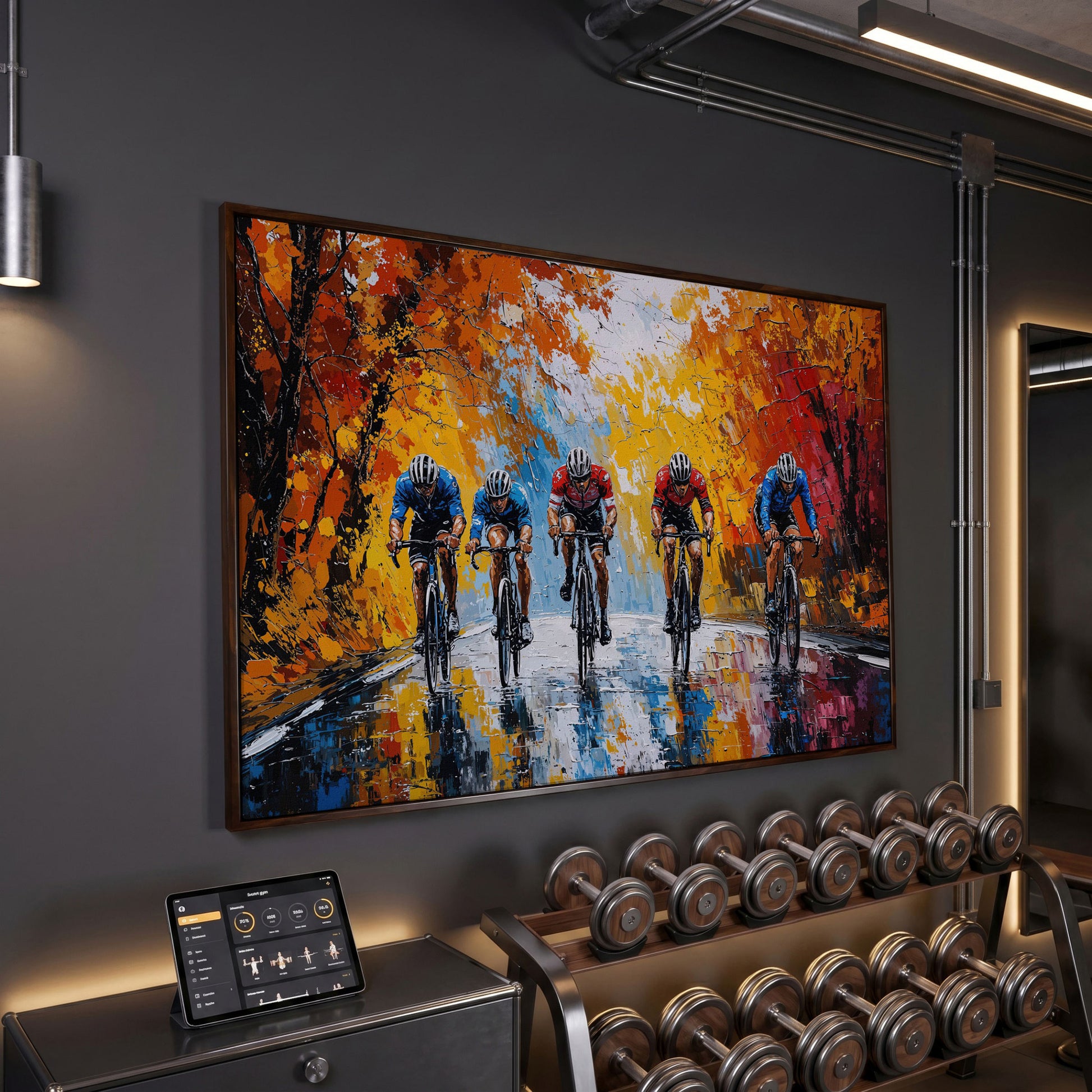 Autumn Cyclists Canvas Print with Vibrant Fall Palette in dark walnut floating frame