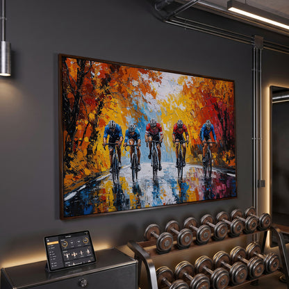 Autumn Cyclists Canvas Print with Vibrant Fall Palette in dark walnut floating frame