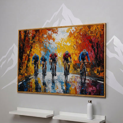 Autumn Cyclists Canvas Print with Vibrant Fall Palette in white oak floating frame