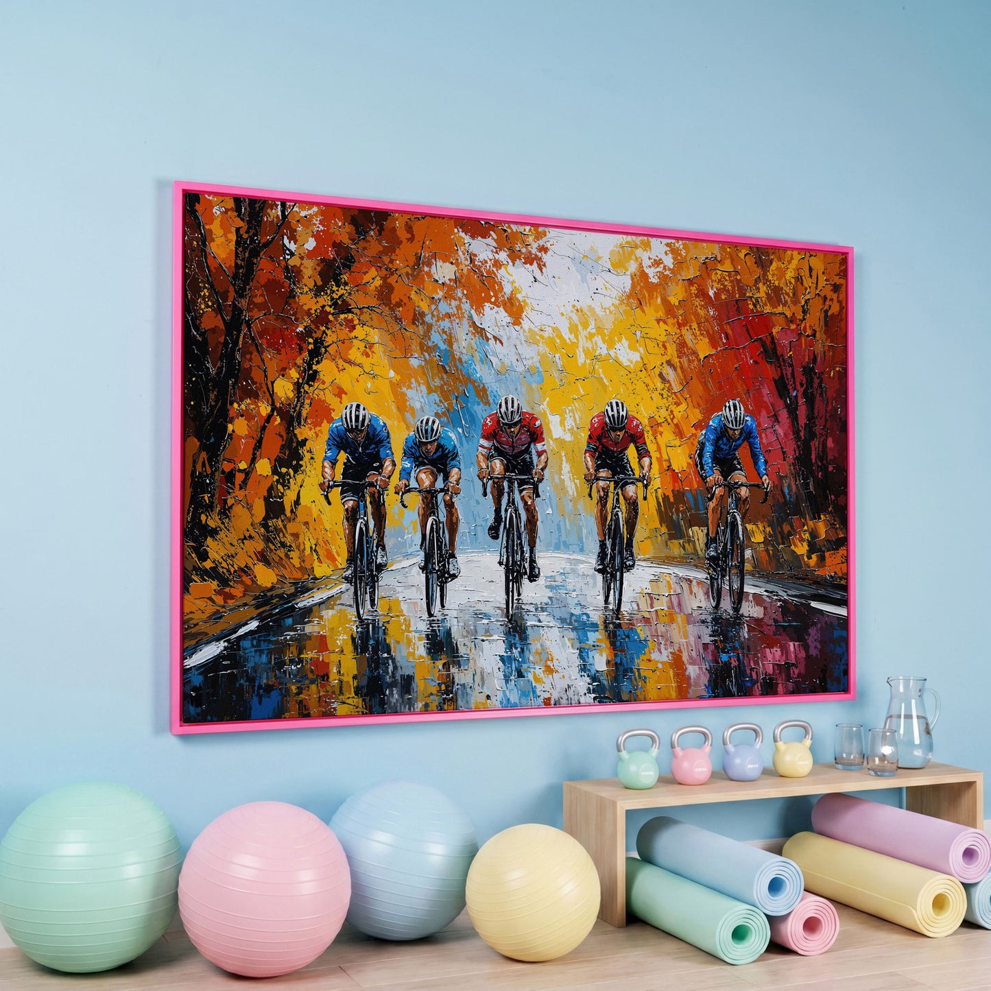 Autumn Cyclists Canvas Print with Vibrant Fall Palette in pink floating frame