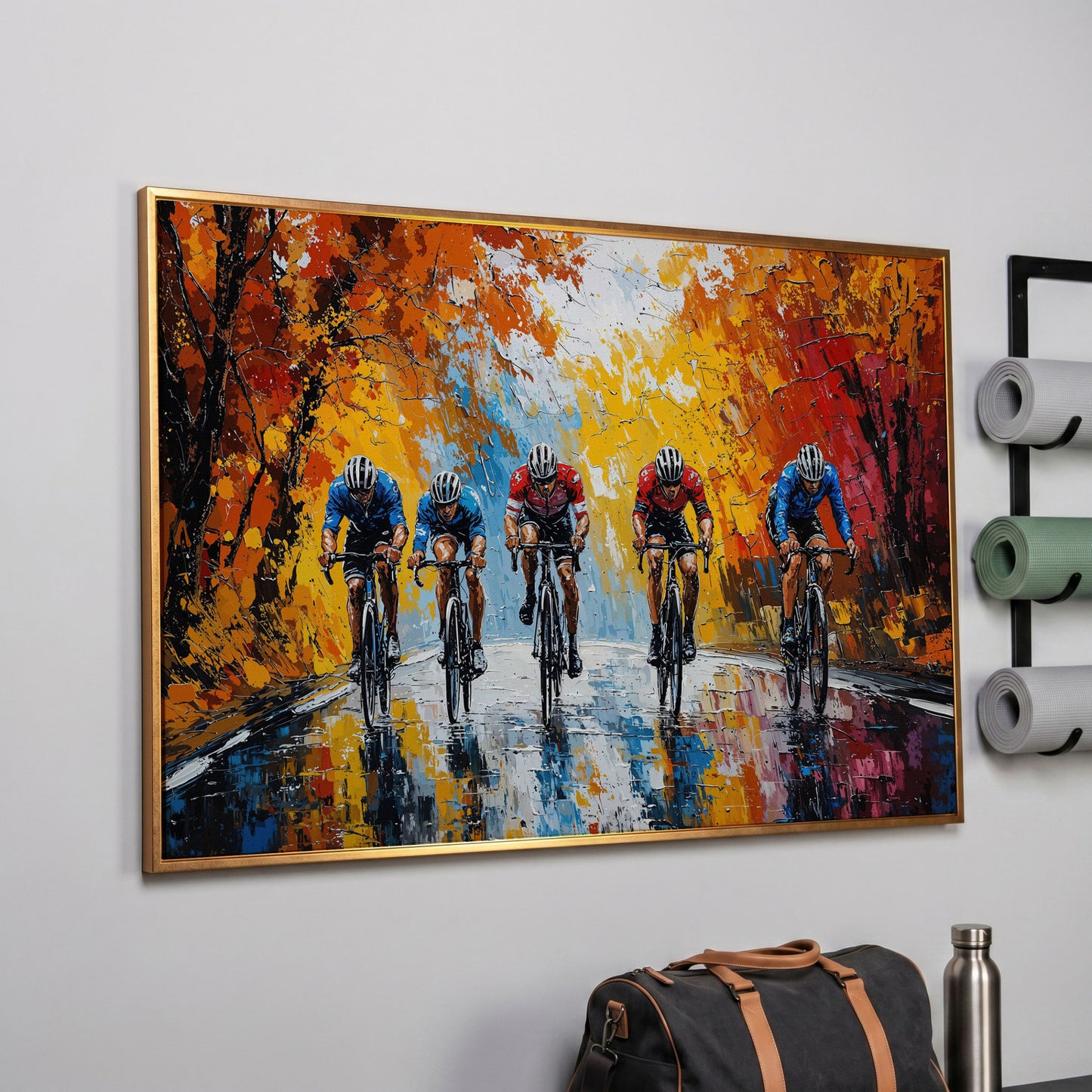 Autumn Cyclists Canvas Print with Vibrant Fall Palette in rose gold floating frame