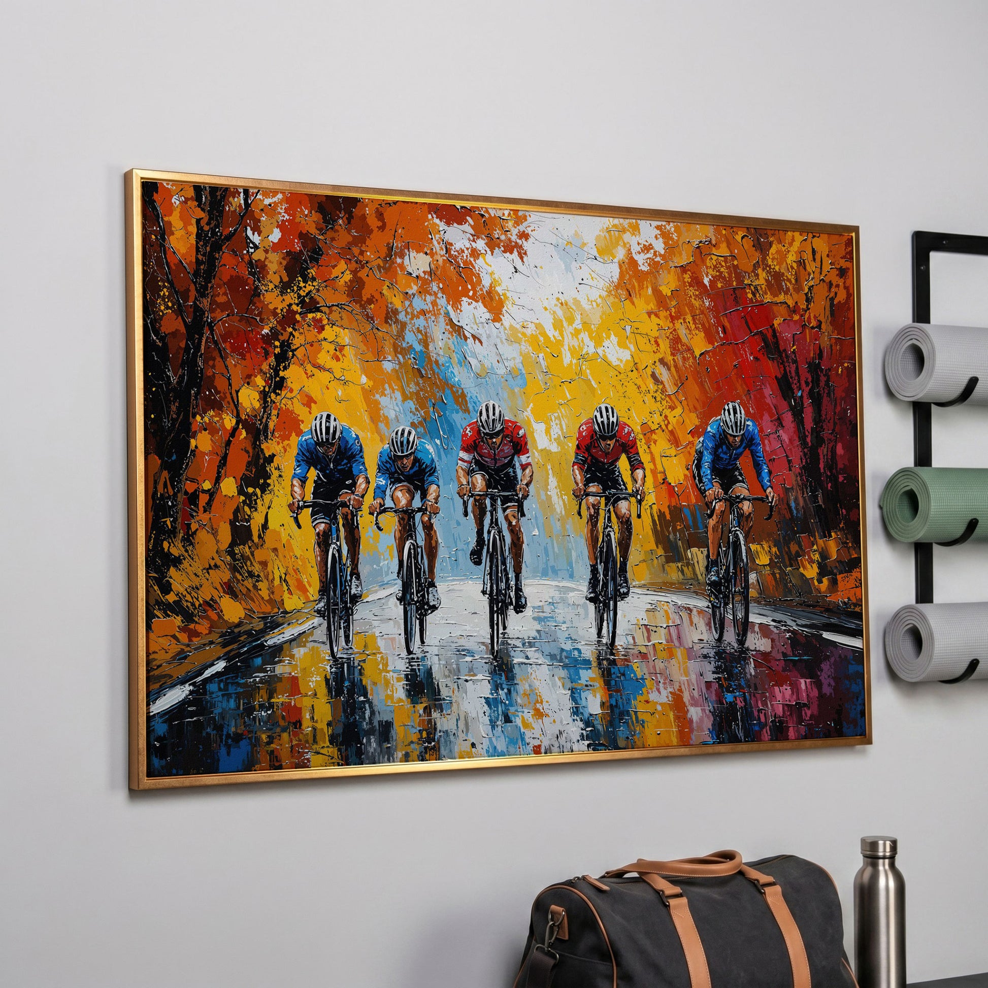 Autumn Cyclists Canvas Print with Vibrant Fall Palette in rose gold floating frame