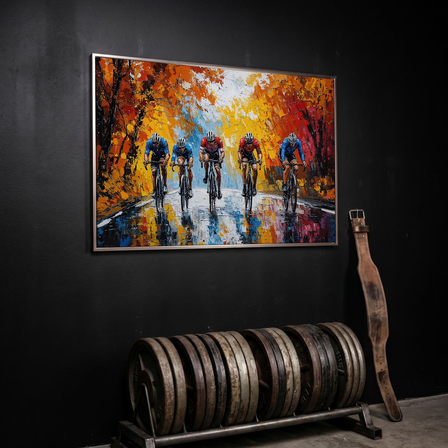 Autumn Cyclists Canvas Print with Vibrant Fall Palette in silver floating frame