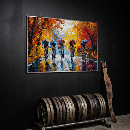 Autumn Cyclists Canvas Print with Vibrant Fall Palette in silver floating frame