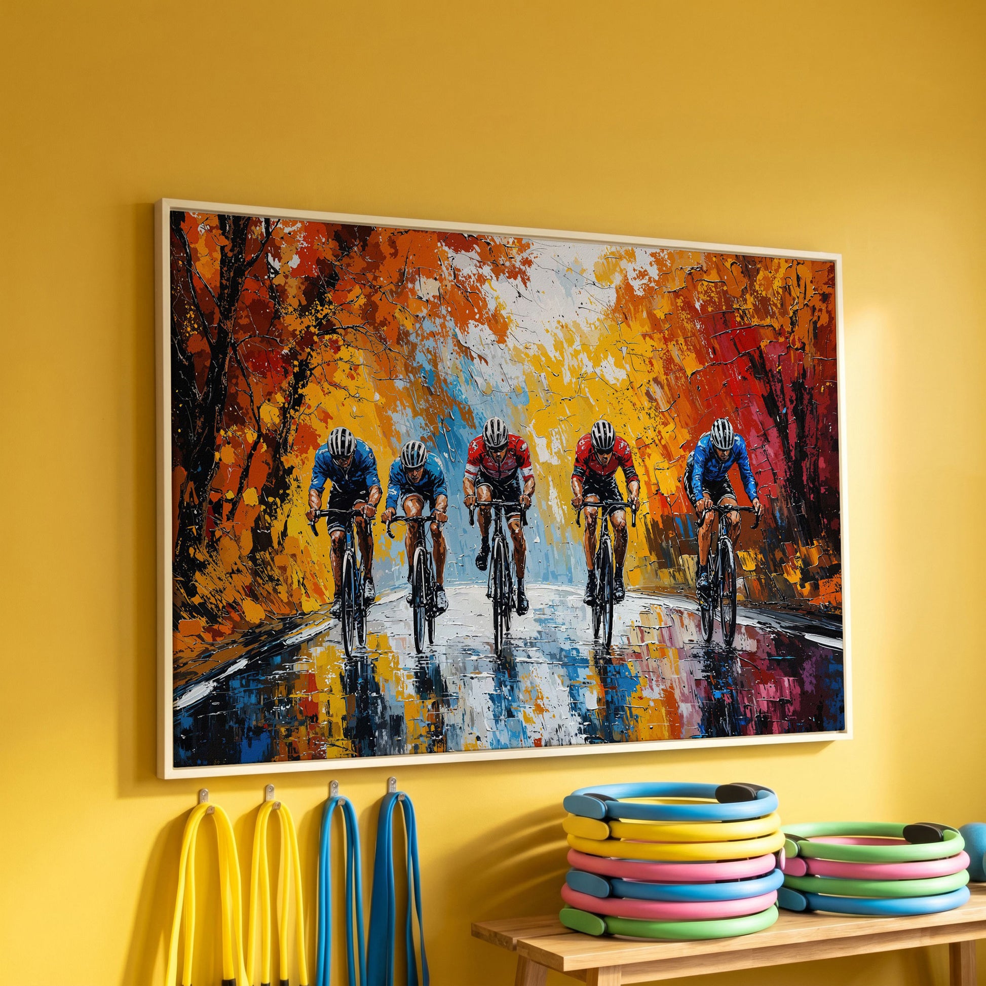 Autumn Cyclists Canvas Print with Vibrant Fall Palette in white floating frame