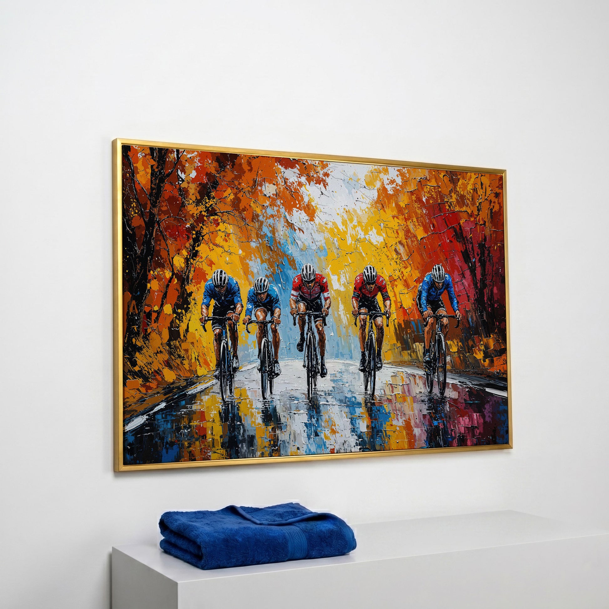 Autumn Cyclists Canvas Print with Vibrant Fall Palette in yellow gold floating frame