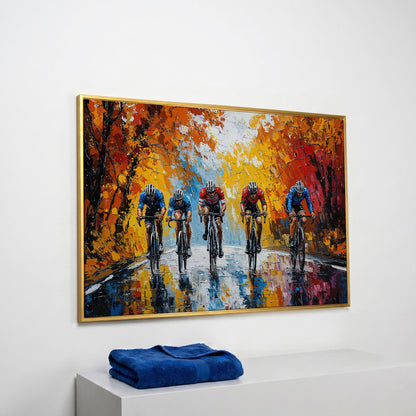 Autumn Cyclists Canvas Print with Vibrant Fall Palette in yellow gold floating frame