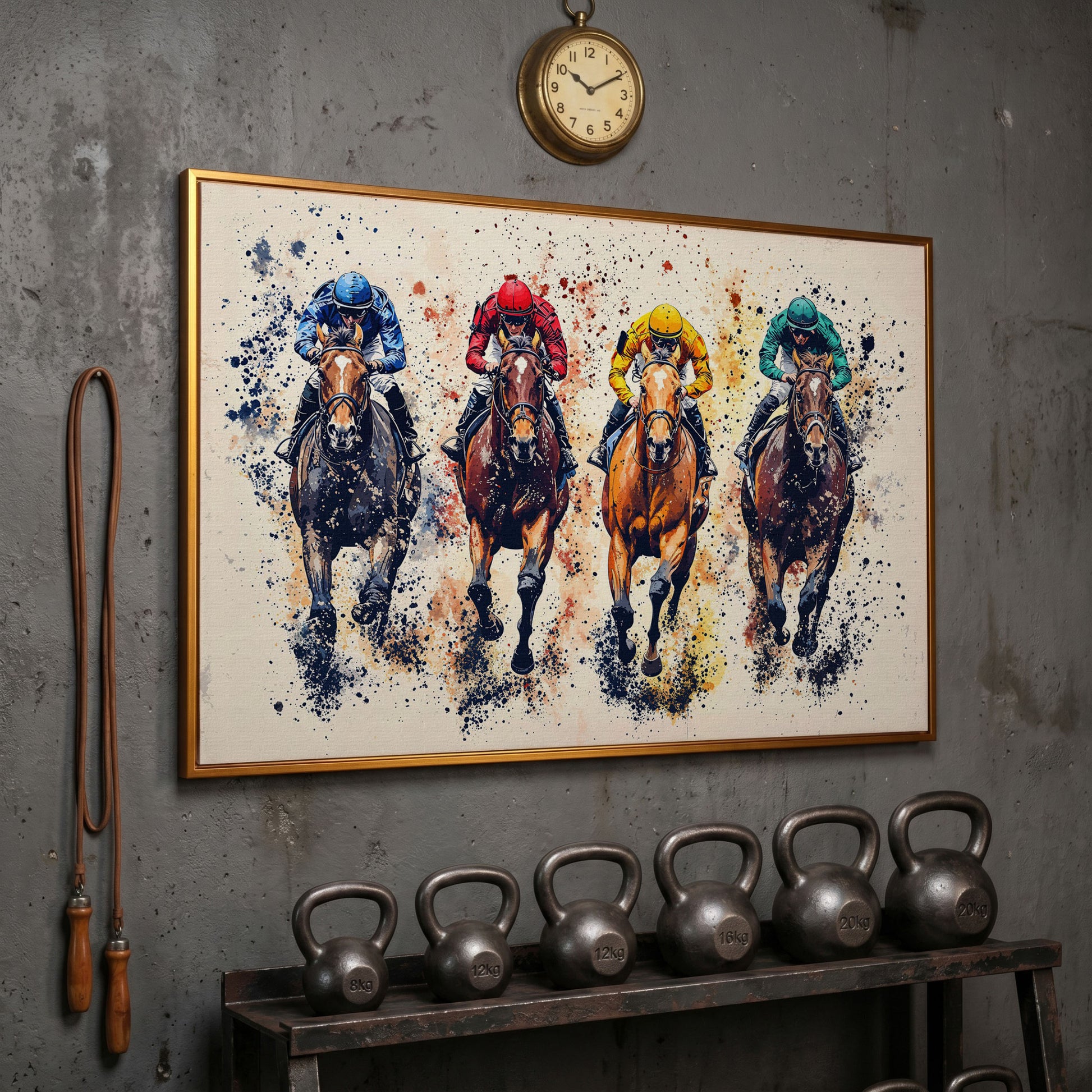 Colorful Jockeys Canvas Print, Horse Racing Art in antique gold floating frame
